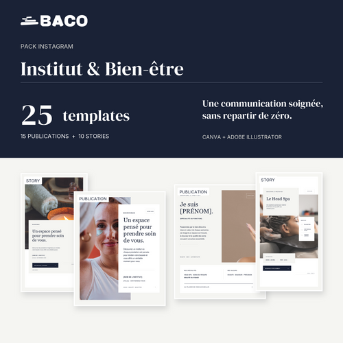 Pack Instagram Institut et Bien-être BACO comprenant 25 templates modifiables dans Canva et Adobe Illustrator