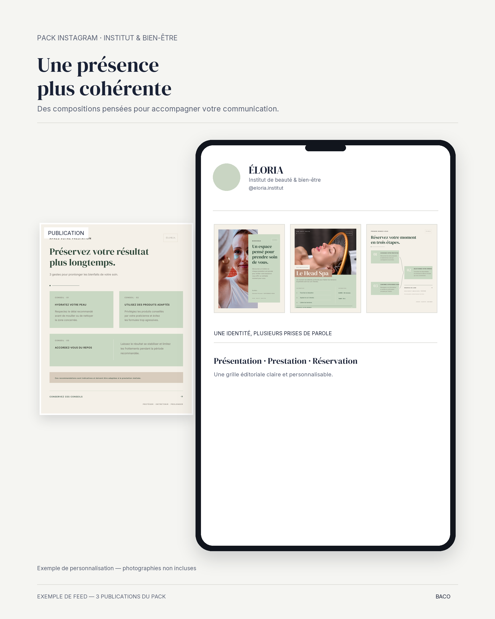 Mockup du feed Instagram ÉLORIA présentant trois templates du pack BACO