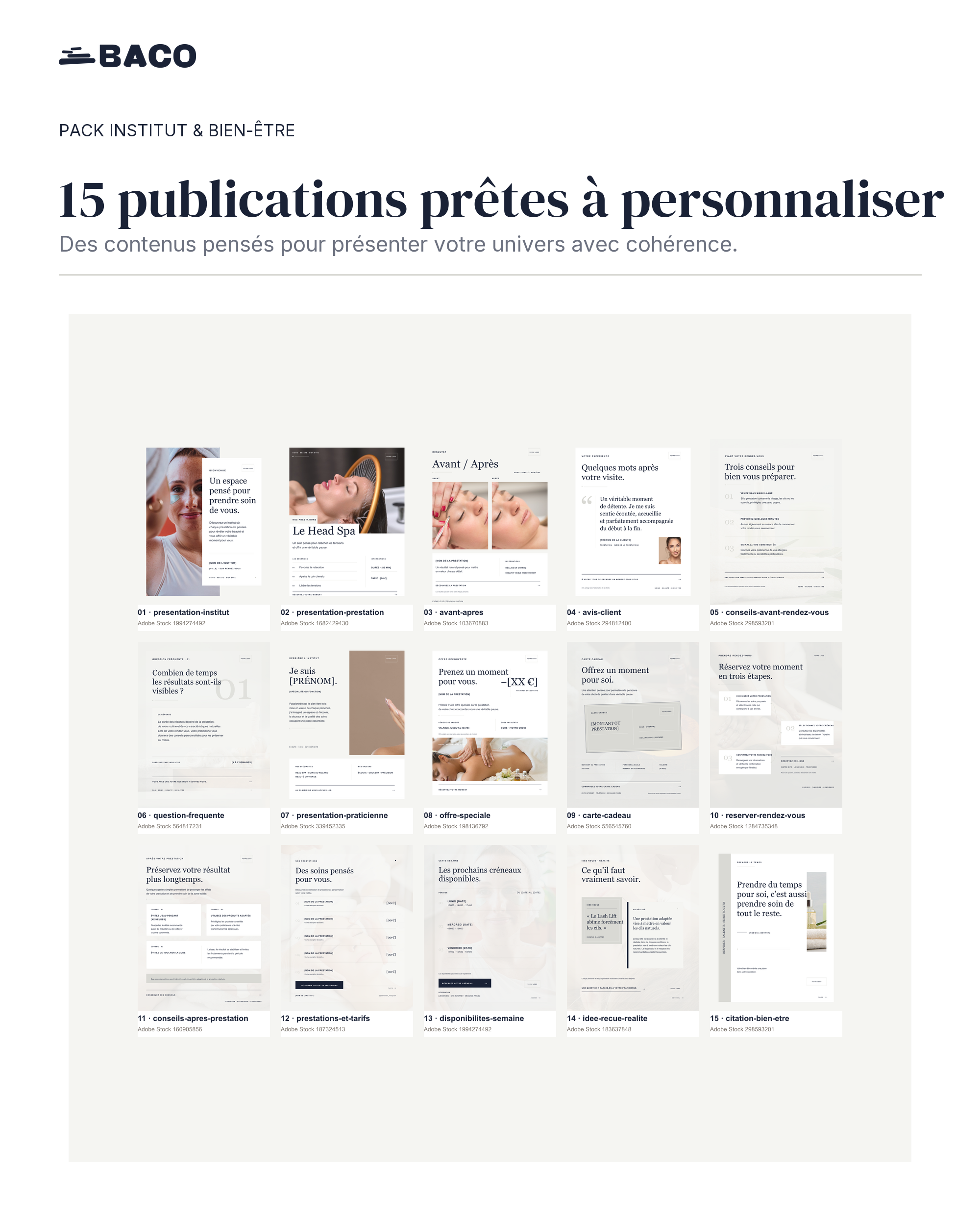 Aperçu des 15 templates de publications Instagram pour institut de beauté