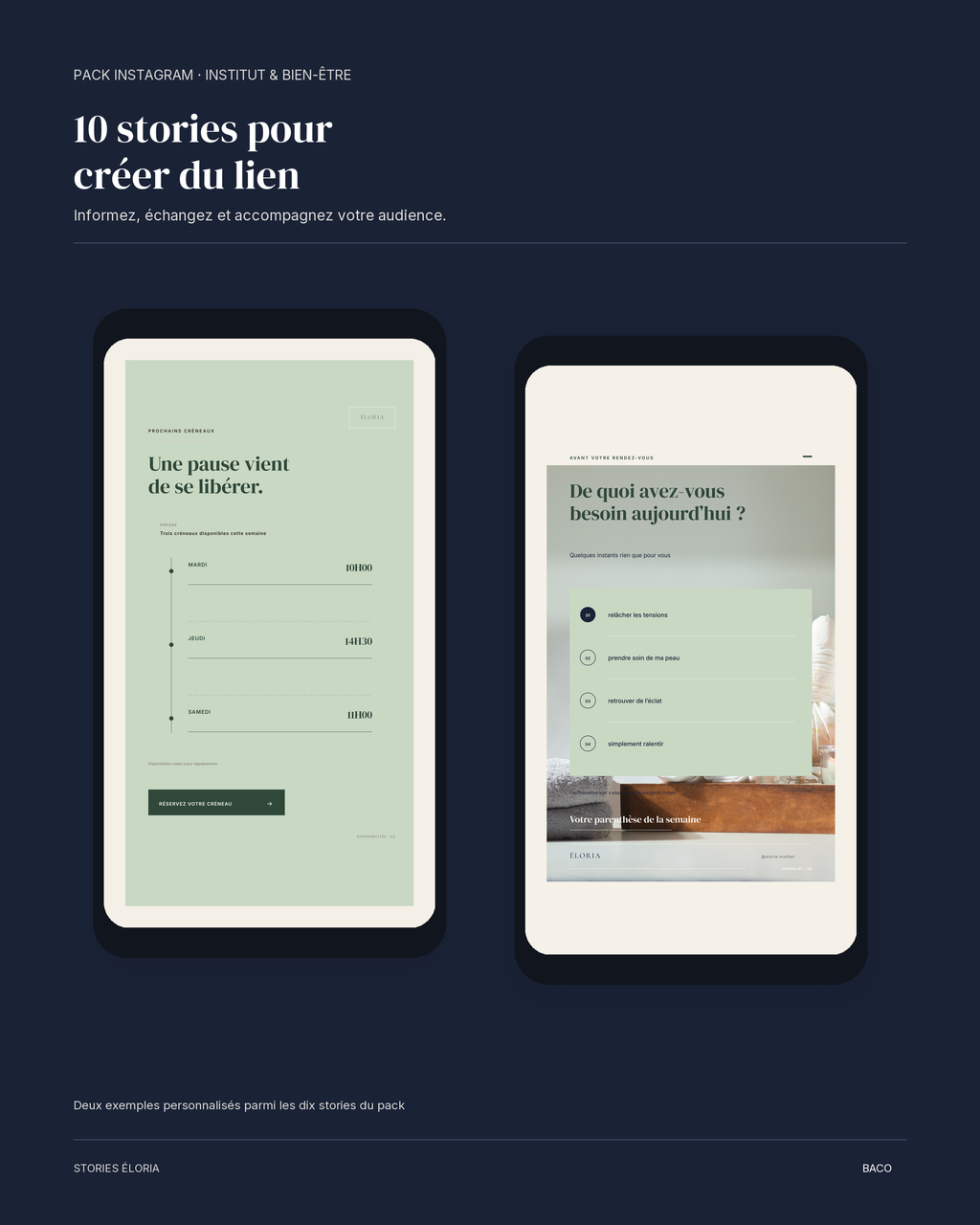 Mockup de deux stories Instagram ÉLORIA personnalisées à partir du pack BACO