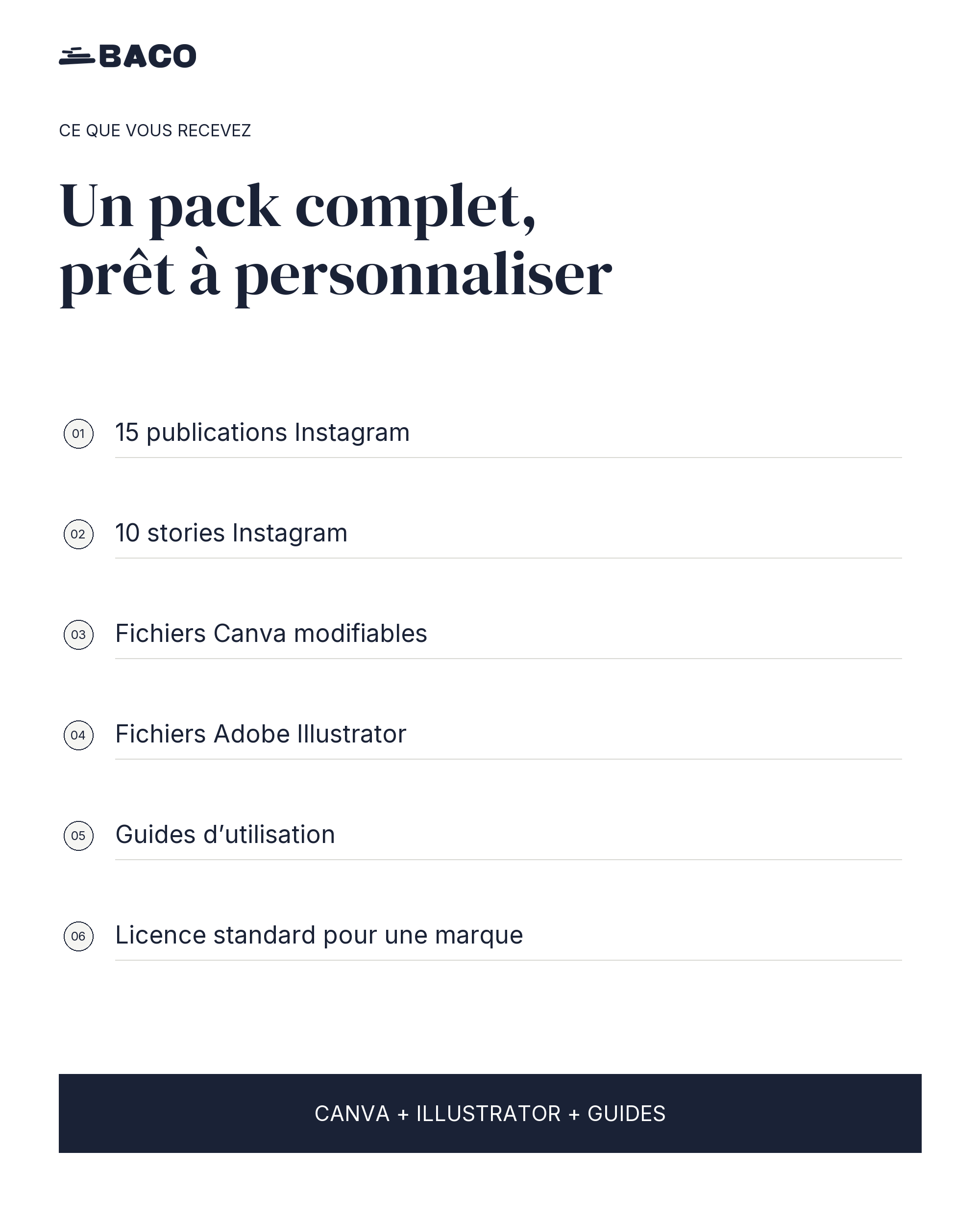Contenu du pack BACO avec 15 publications, 10 stories, guides et licence