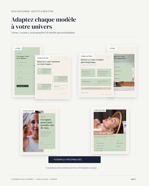 Six exemples ÉLORIA personnalisés parmi les 25 templates Instagram du pack BACO
