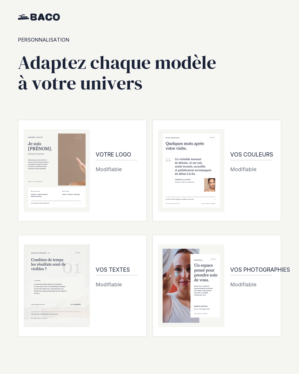 Personnalisation des templates BACO avec logo, couleurs, textes et photographies